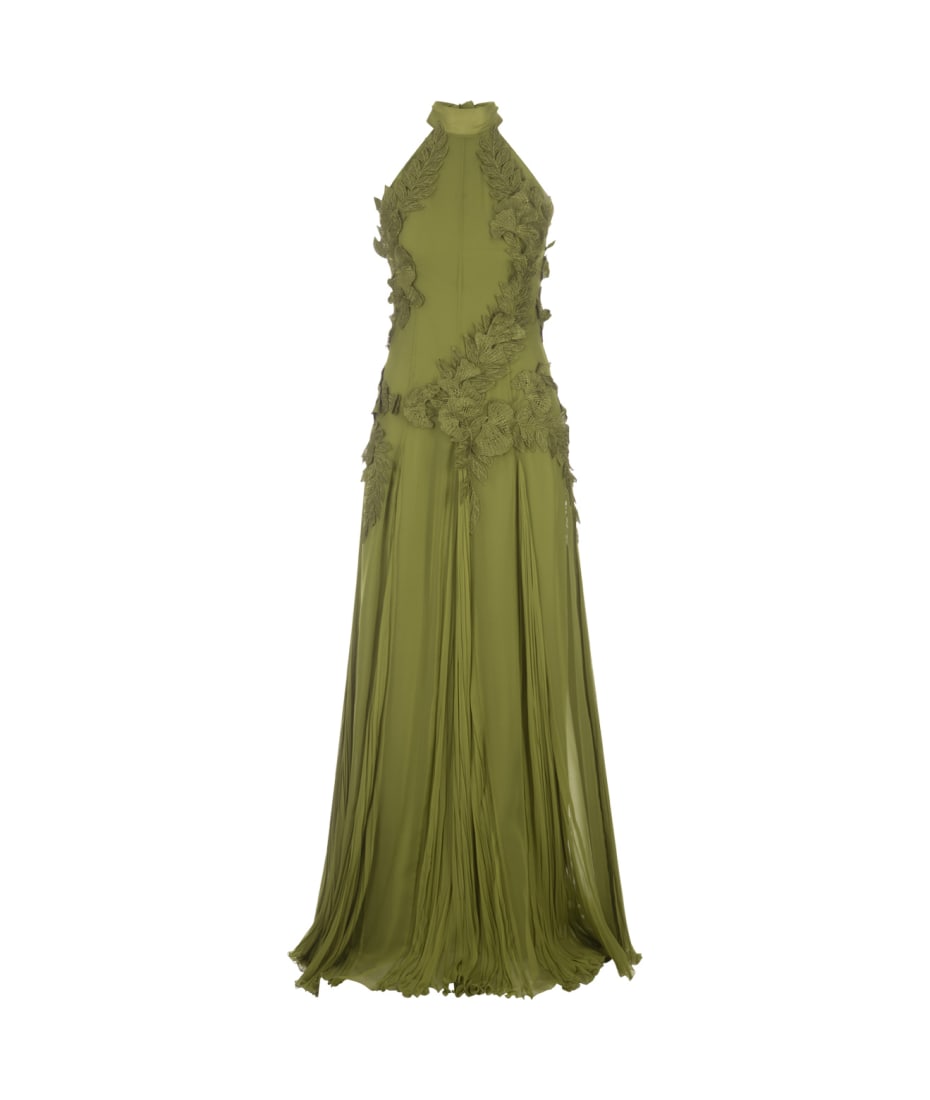 Alberta Ferretti Long Green Chiffon Dress With Flowers And Alberta Ferretti Long Green Chiffon Dress With Flowers And