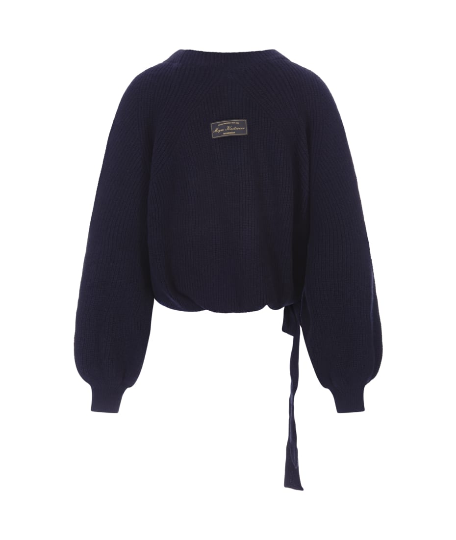 Blue Crew Neck Pullover With Ribbon On The Bottom