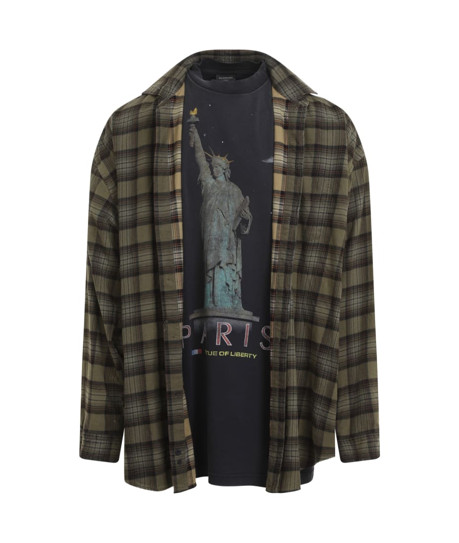 【BALENCIAGA】Layered Shirt レイヤード シャツ BALENCIAGA Oversized Layered Checked Cotton-Flannel and