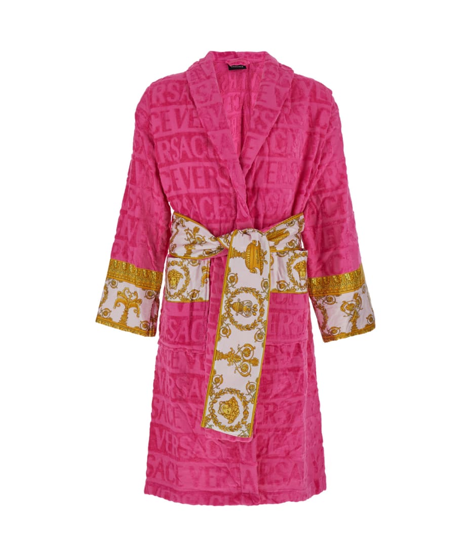 Versace Pink Bathrobe With Baroque Pattern In Terry Cotton