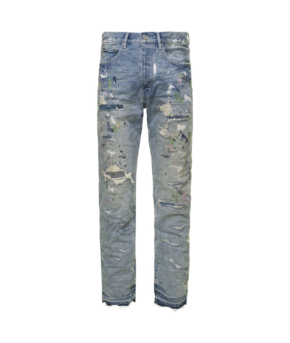 Light Blue Wrinkled Jeans With Rips And Paint Stains In Cotton Denim Man Purple  Brand