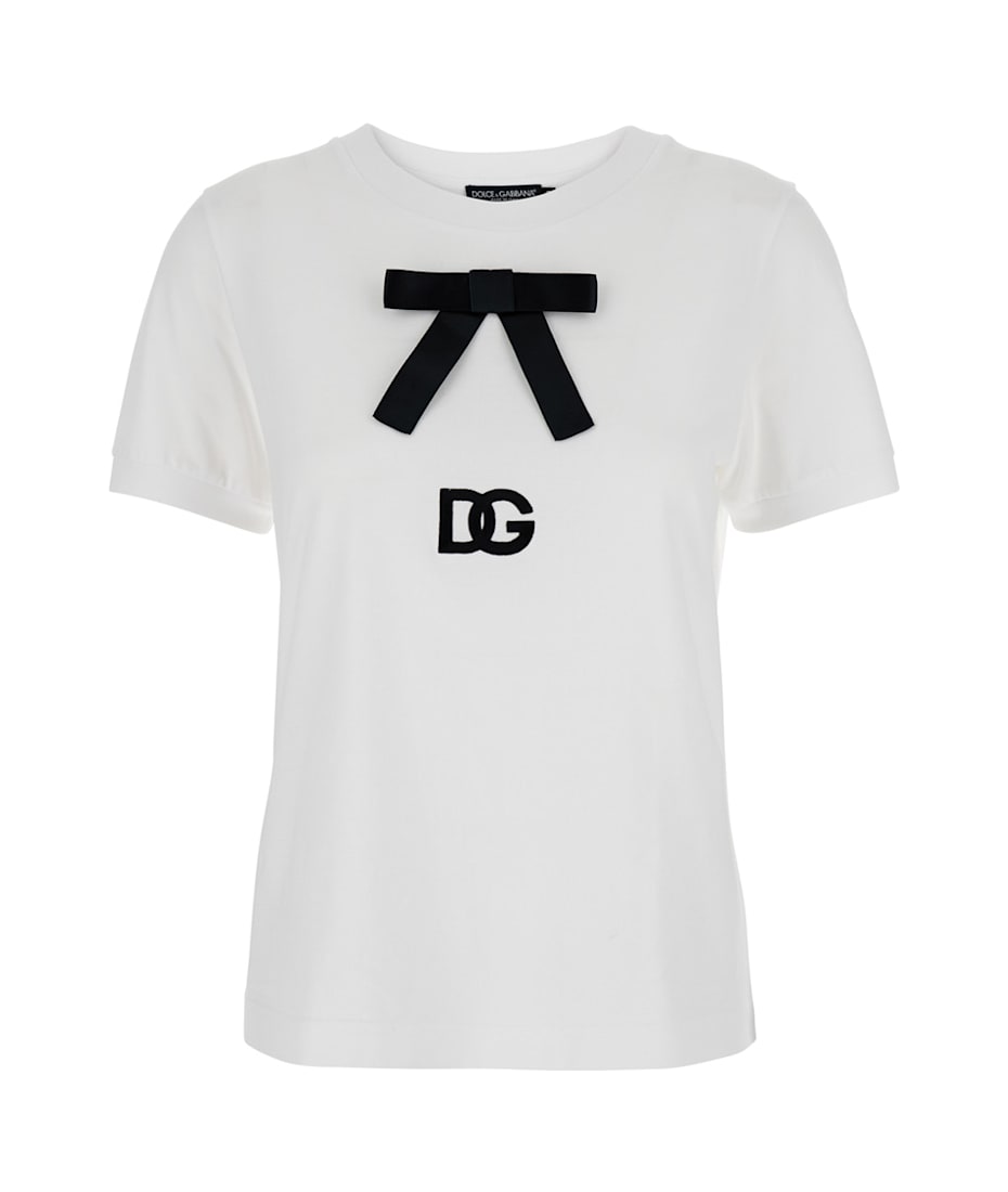 White T-shirt With Bow On The Front And Dg Logo In Cotton Woman