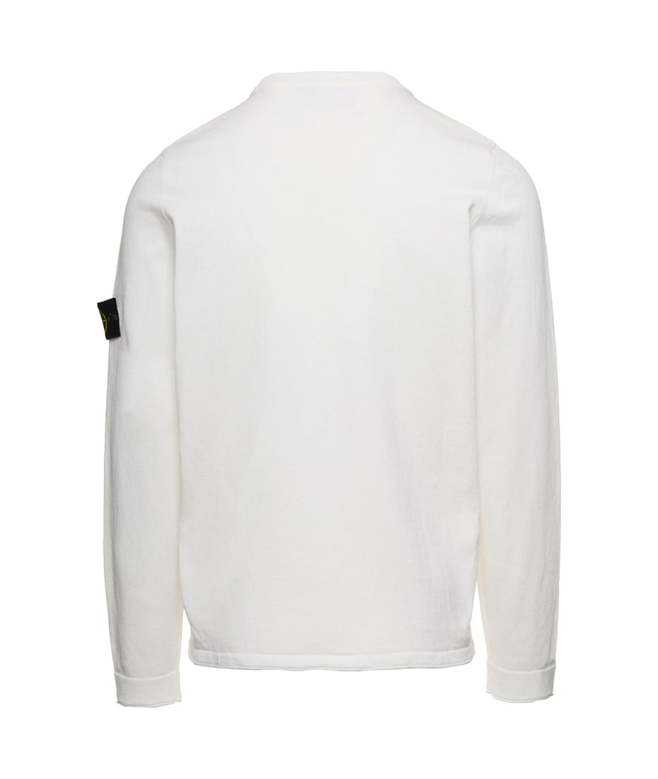 Stone Island White Crewneck Sweatshirt With Compass Logo Patch On