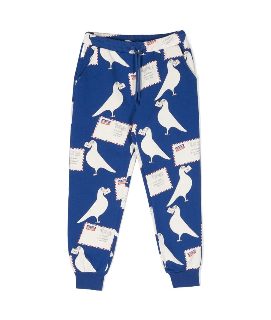 Mini Rodini Blue Sweatpants With Drawsrting And All-over Pigeons