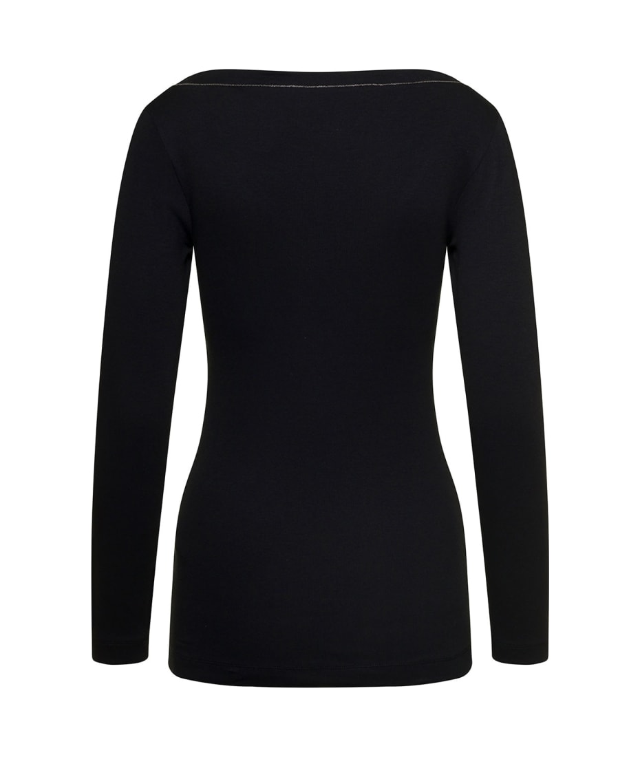 Brunello Cucinelli Black V-neck Pullover With Beads Detailing In Stretch Cotton Woman - Black