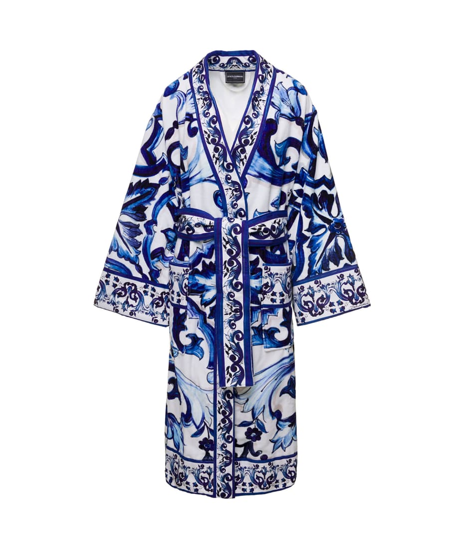 Multicolor Kimono Bathrobe With All-over Blu Mediterraneo Print In Cotton Dolce & Gabbana