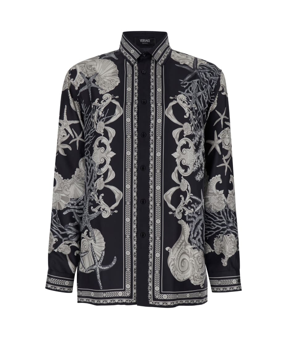 Versace Black Shirt With All-over Barocco Sea Print In Silk Man