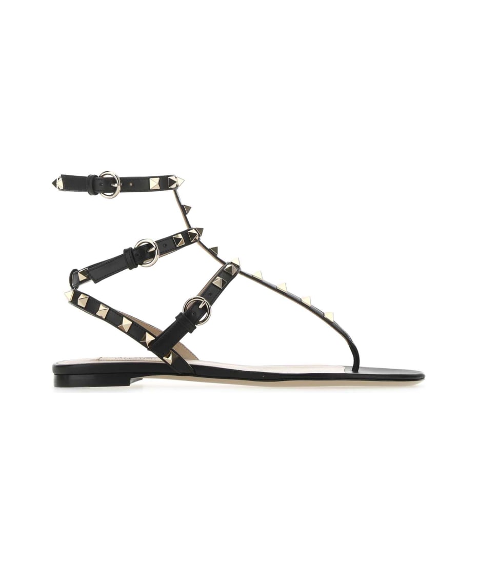サンダル・ミュール VALENTINO GARAVANI Black Leather Rockstud Thong Sandals Valentino Garavani Rockstud Flat Thong Sandals, Black