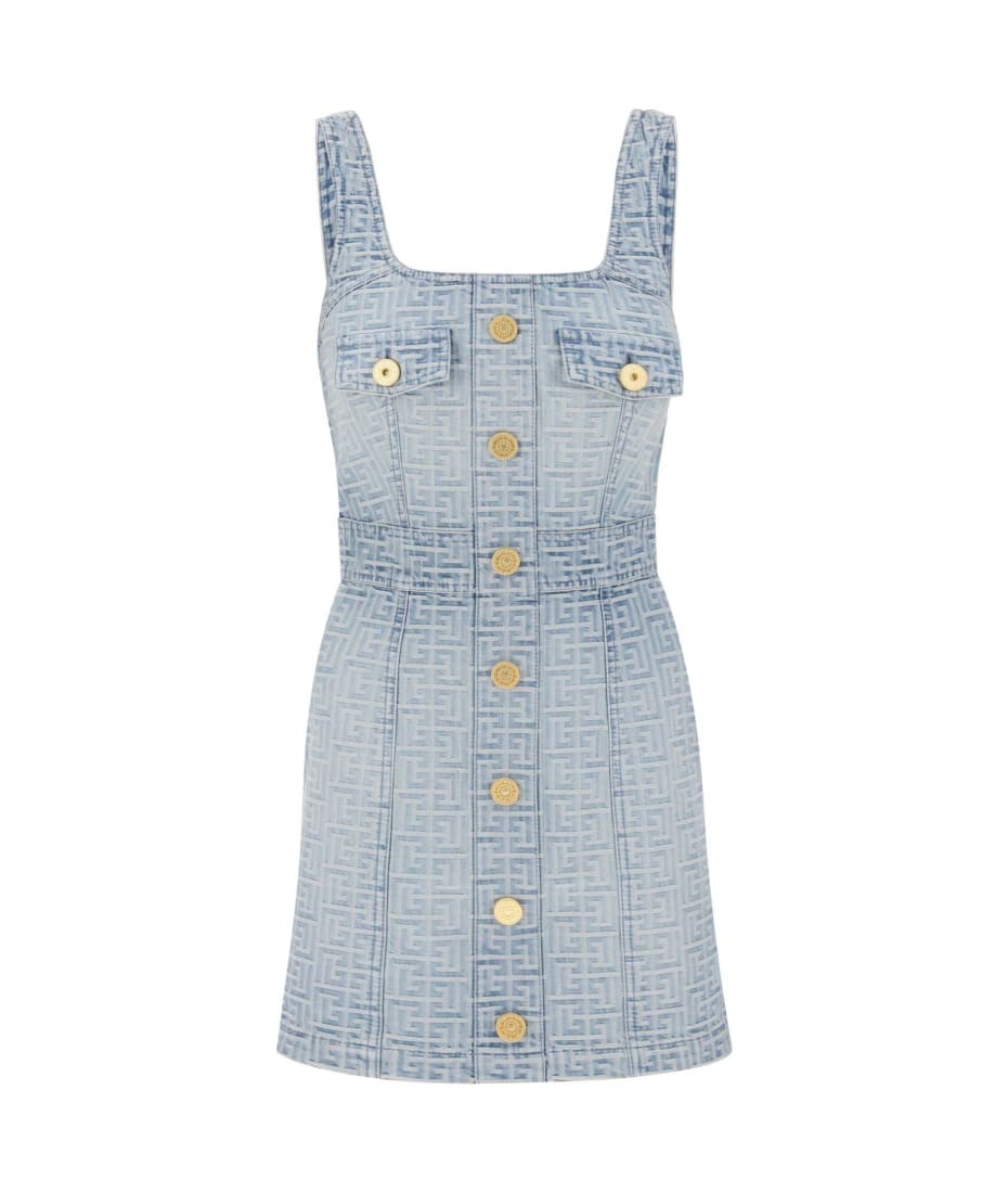 Balmain Mini Dress In Monogram Denim | italist Balmain Mini Dress In Monogram Denim | italist