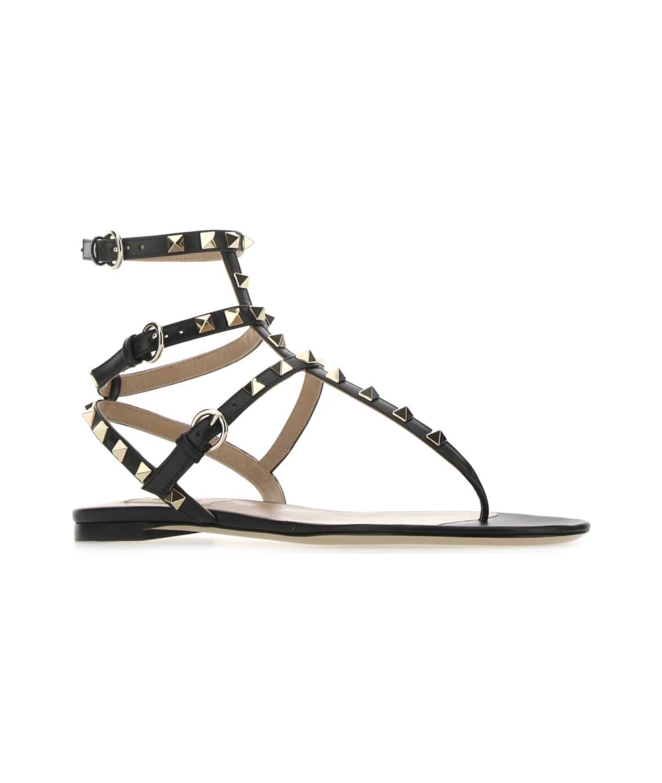 サンダル・ミュール VALENTINO GARAVANI Black Leather Rockstud Thong Sandals Valentino Garavani Black Leather Rockstud Thong Sandals