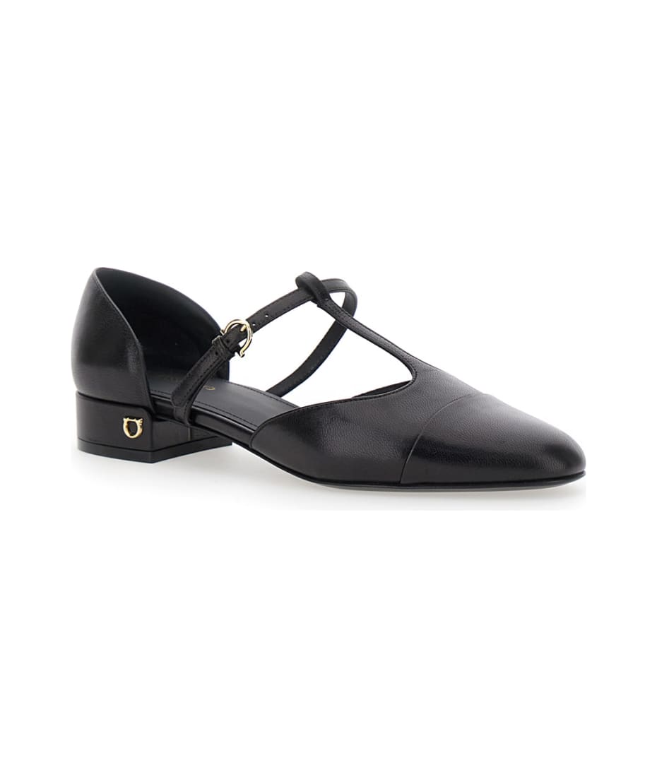 'lainette' Black Ballet Shoes With T-strap And Round Toe In Leather Woman