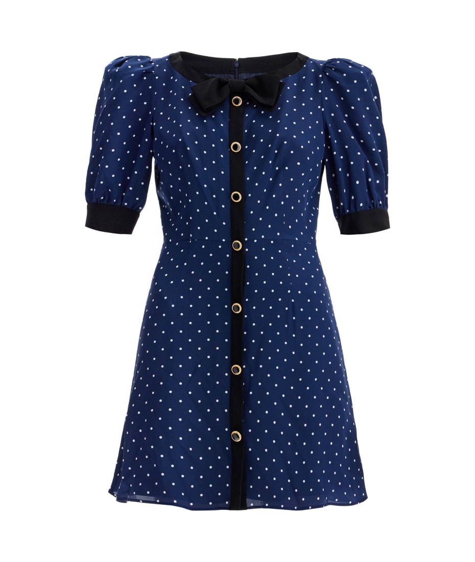 alessandra rich blue polka dot dress Alessandra Rich // Silk Polka Dot Ruched Midi Dress – VSP Consignment main image 0