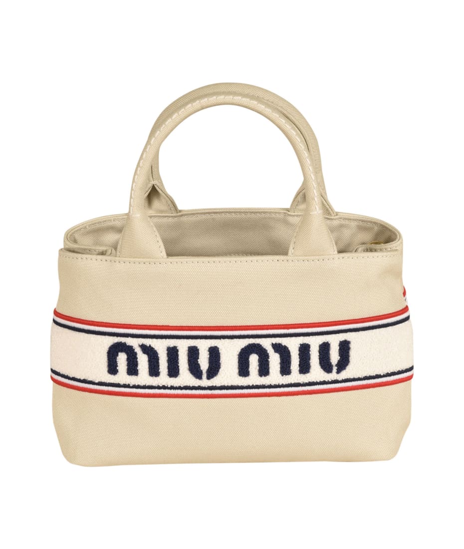 【MIU MIU】トップハンドルバッグ ストライプ ロゴ ファブリック Miu Miu Stripe Logo Detail Top Handle Handbag | italist