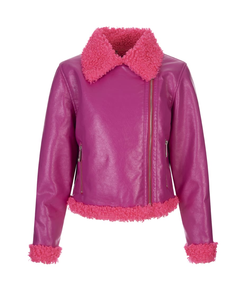 LITALY Fur Trim Leather Jacket in Fuchsia