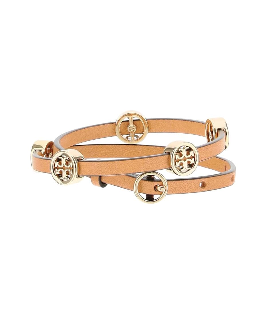 Tory Burch Miller Insignia Leather Double Wrap Bracelet - Gold/Gold