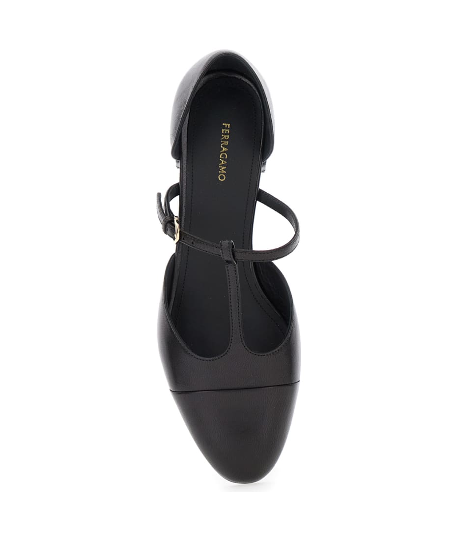 'lainette' Black Ballet Shoes With T-strap And Round Toe In Leather Woman