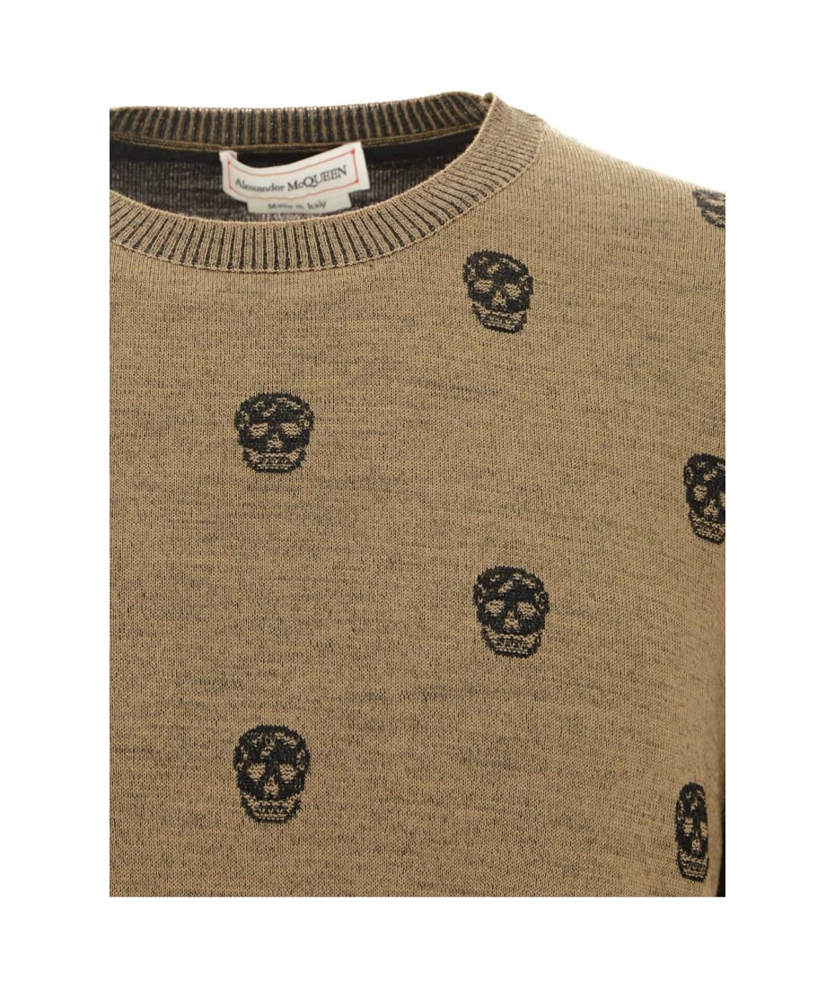 Alexander Mcqueen Skull Intarsia Knit Sweatshirt Beige In Camel