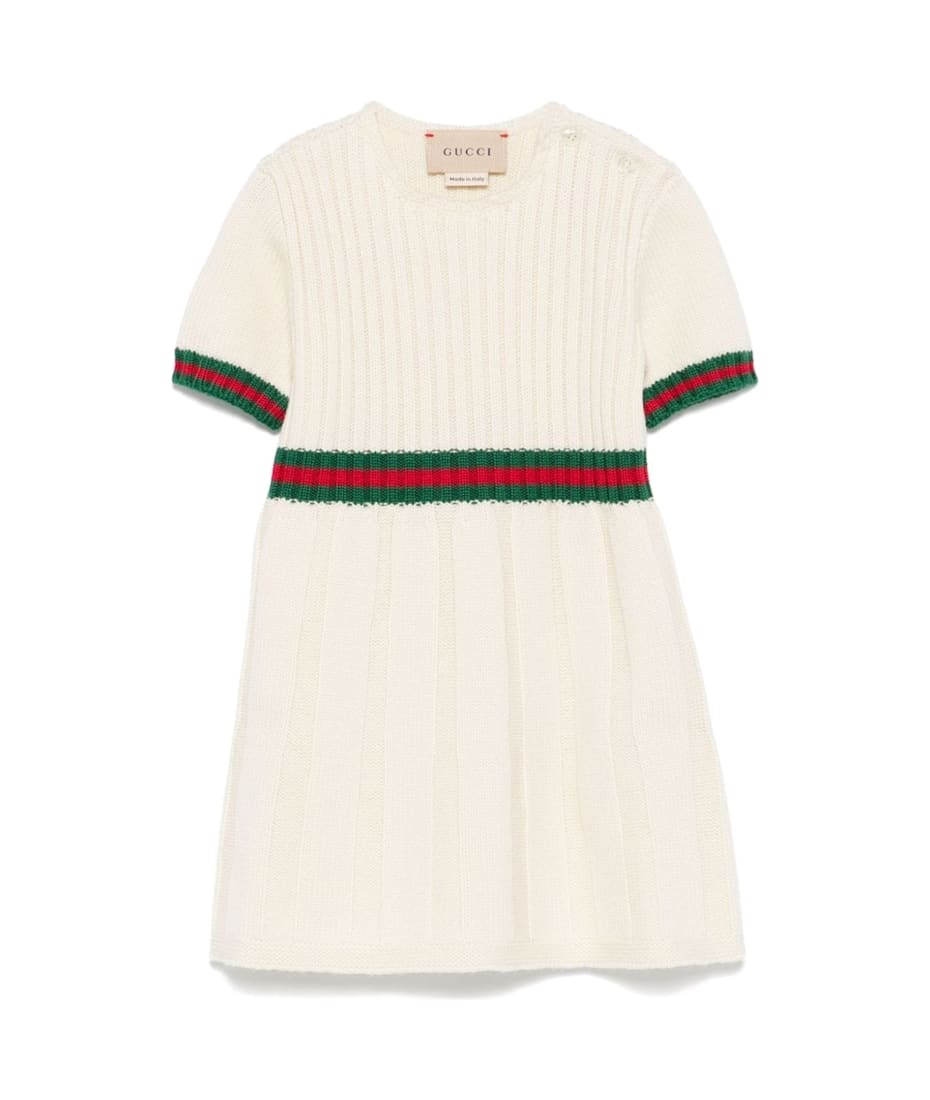 Gucci White Pleated Wool Dress With Web Ribbon | italist, ALWAYS LIKE A SALE