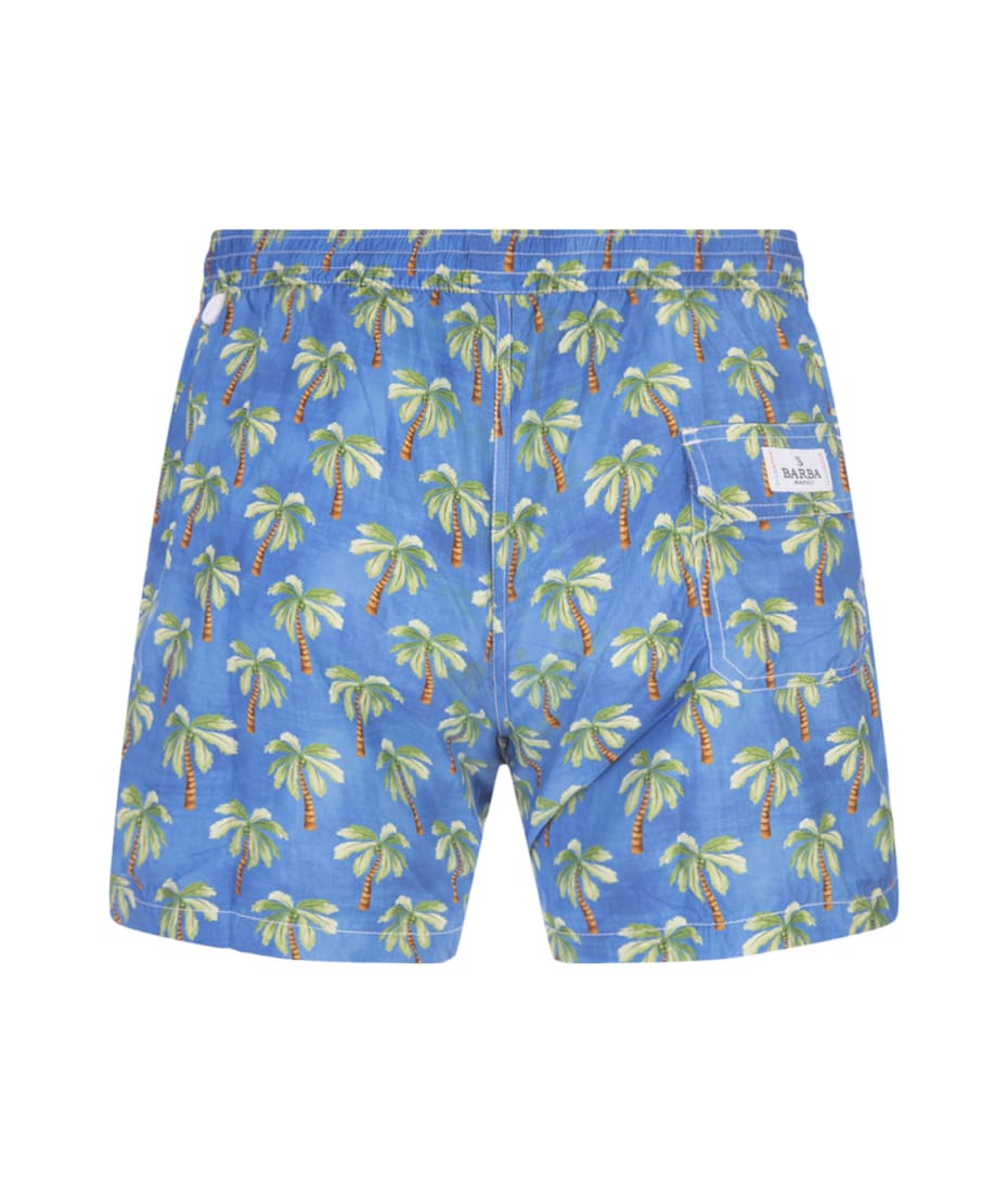 Blue Swim Shorts With Palm Pattern