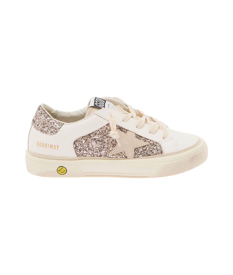 White Low Top Sneakers With Star And Glitter Embellishment In Leather Blend  Girl