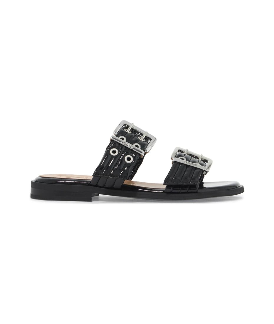 サンダル・ミュール Ganni FW24 SANDAL WITH BUCKLE (S2664_099) Black Feminine Buckle Two-Strap Sandals in Black | GANNI US