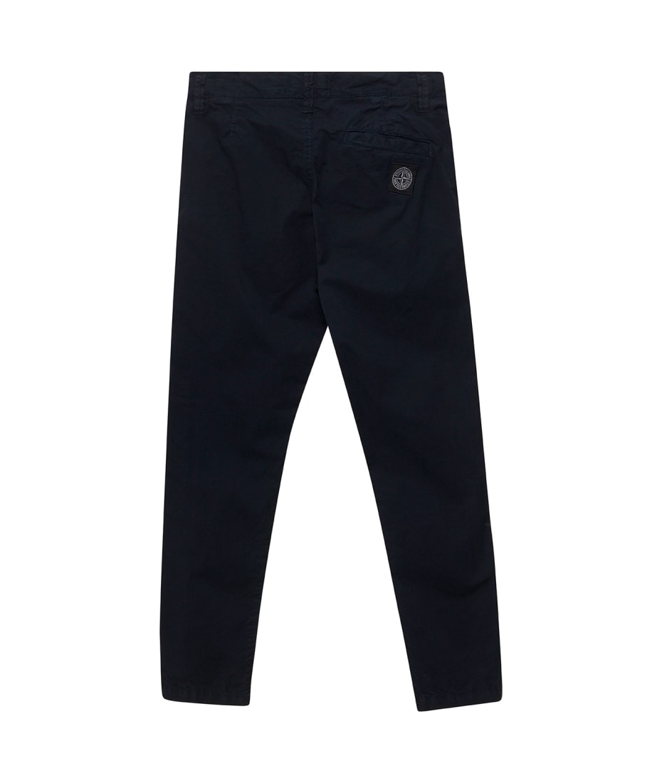 Stone Island Junior Blue Pants With Logo Patch In Stretch Cotton Boy - Blu