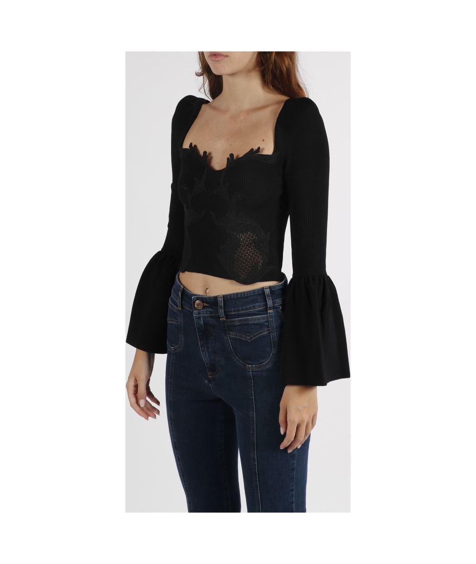 Black Lace Insert Ribbed Knit Top – self-portrait-US