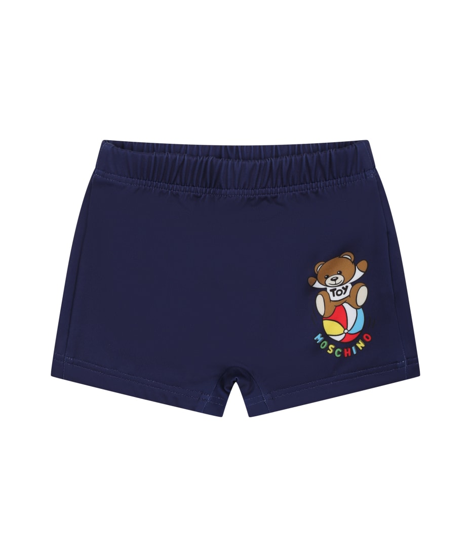 Moschino Blue Swim Shorts For Baby Boy With Teddy Bear And Multicolor Logo italist ALWAYS LIKE A SALE