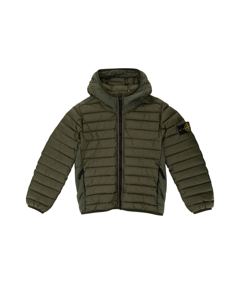 Green Down Jacket With Hood And Logo Patch In Polyamide Boy