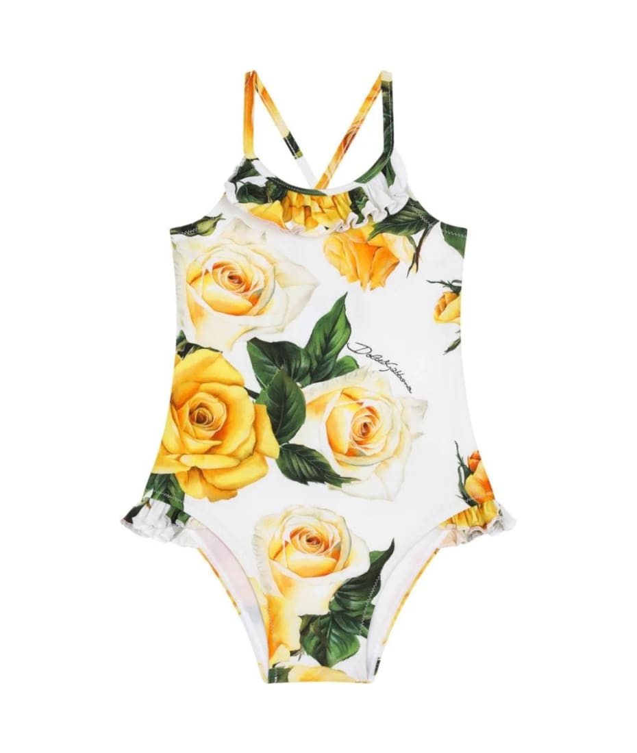 Dolce & Gabbana Runde Vase Weiß White One-piece Swimwear With Yellow Rose Print - Yellow