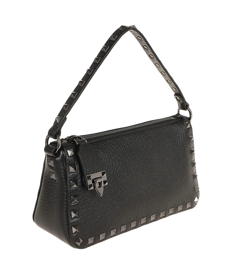 VALENTINO Studs Garavani Leather Shoulder Bag【A/付属品有】 Valentino Garavani - Rockstud Grained Black Leather Pouch