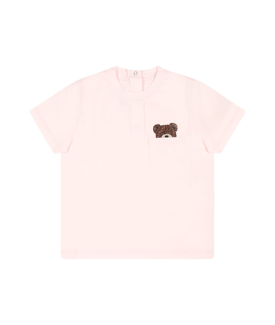 Fendi Pink T-shirt For Baby Girl With Fendi Bear - Pink