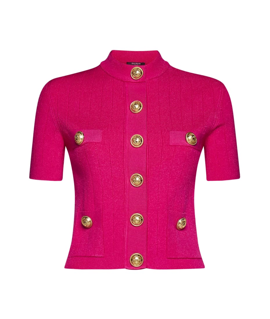 BALMAIN Button-embellished two-tone ribbed-knit cardigan