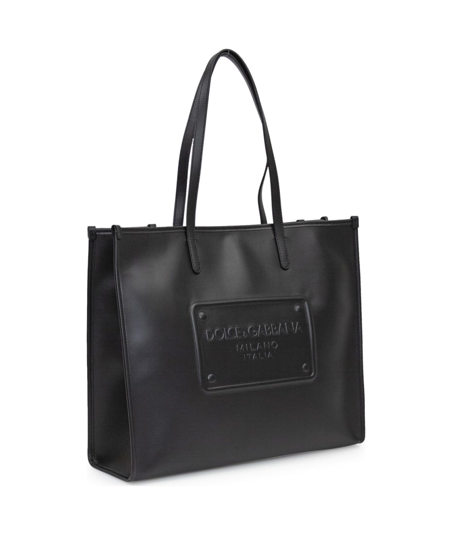 ★関税込み★ Dolce＆Gabbana BLACK LEATHER TOTES Dolce & Gabbana Black Leather JUNGLE Quilted Shopping Tote Bag