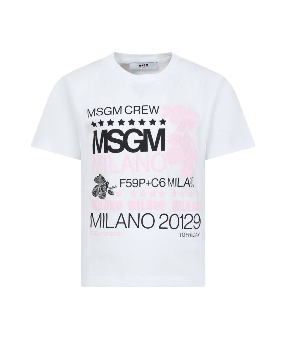 新品タグ付き、MSGM　花柄シャツ MSGM White T-shirt For Girl With Logo And Flowers | italist