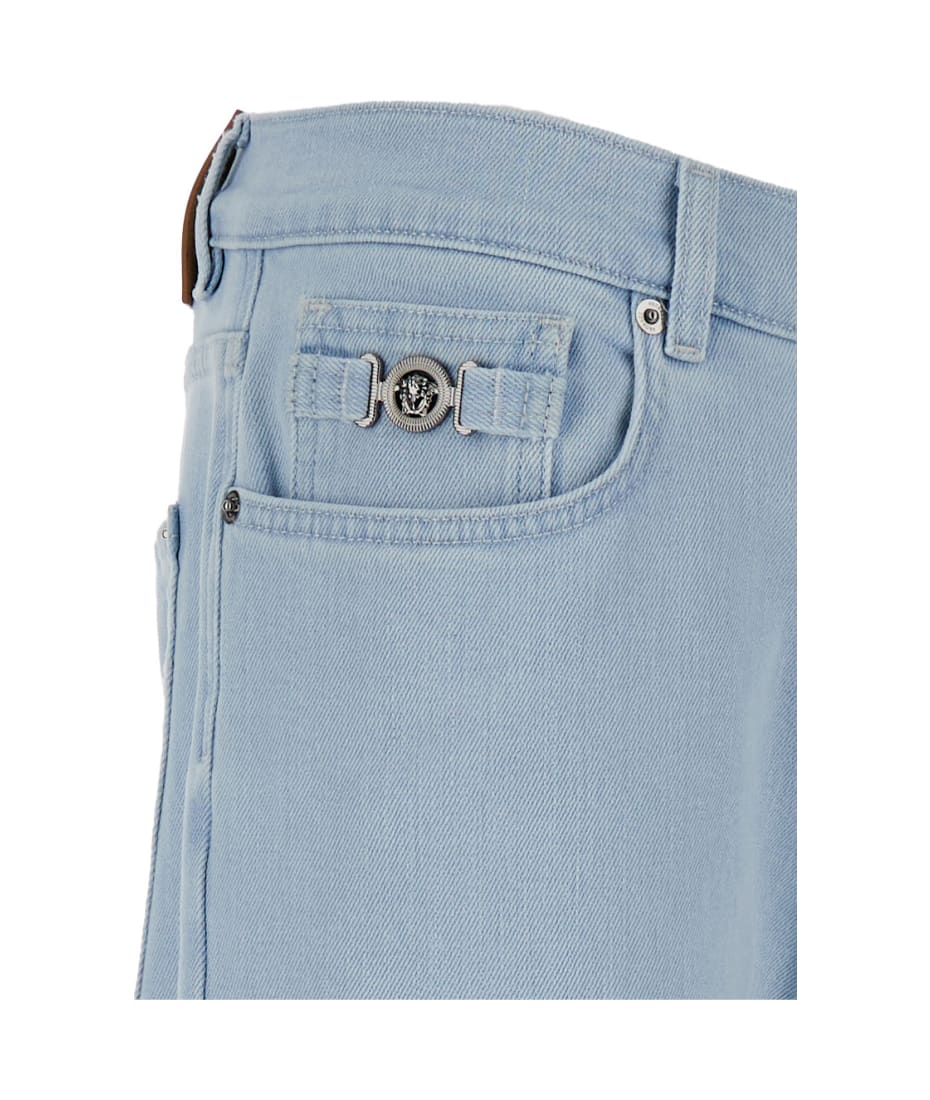 Versace Light Blue Skinny Jeans With Logo Patch In Denim Man - Light Blue Ice