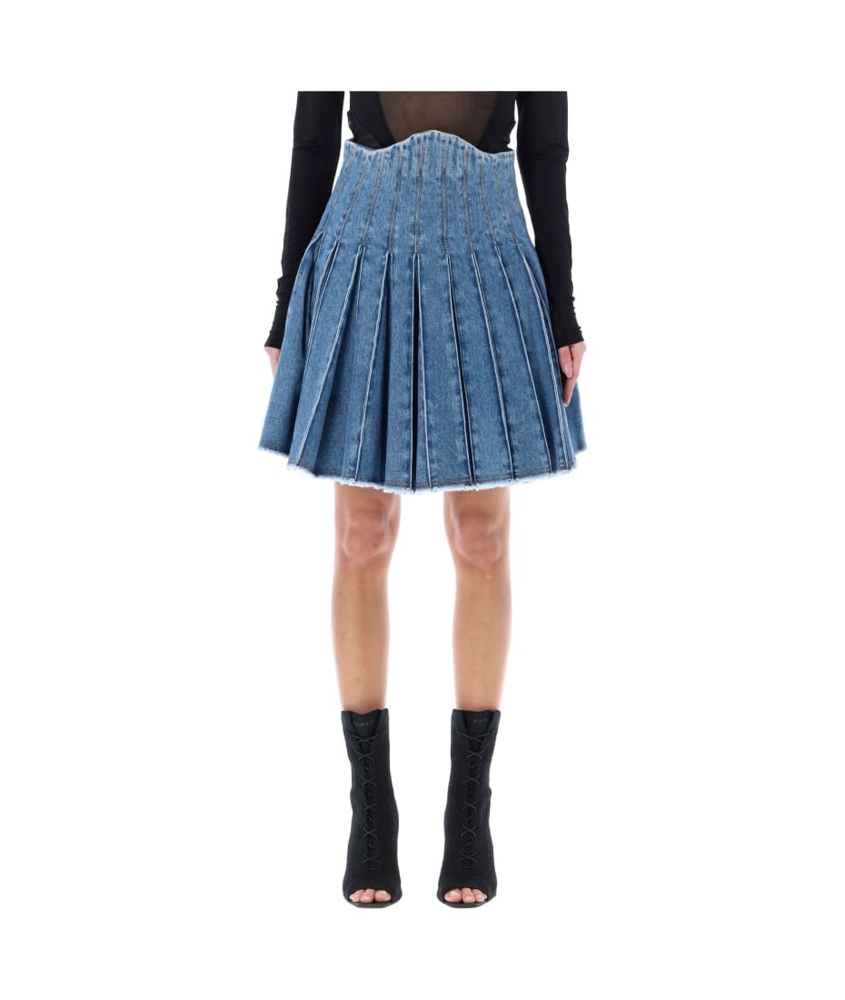 Pleated Denim Mini Skirt