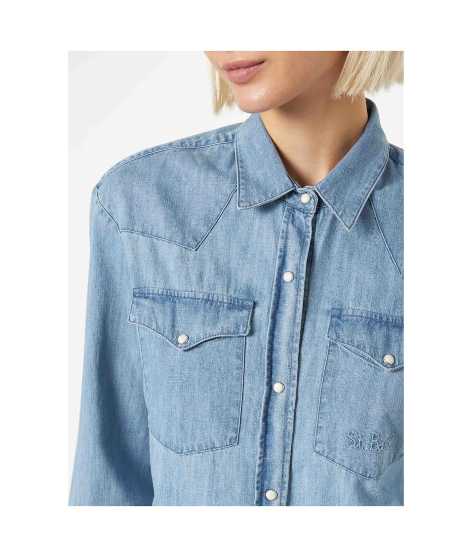 スーツ MC2 Saint Barth Denim top with wide neckline MC2 Saint Barth Woman Denim Shirt | italist