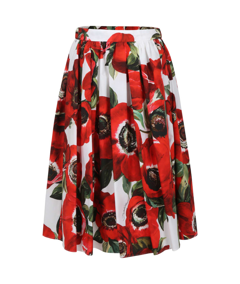 Dolce & Gabbana Red Skirt For Girl With Poppies Print | italist