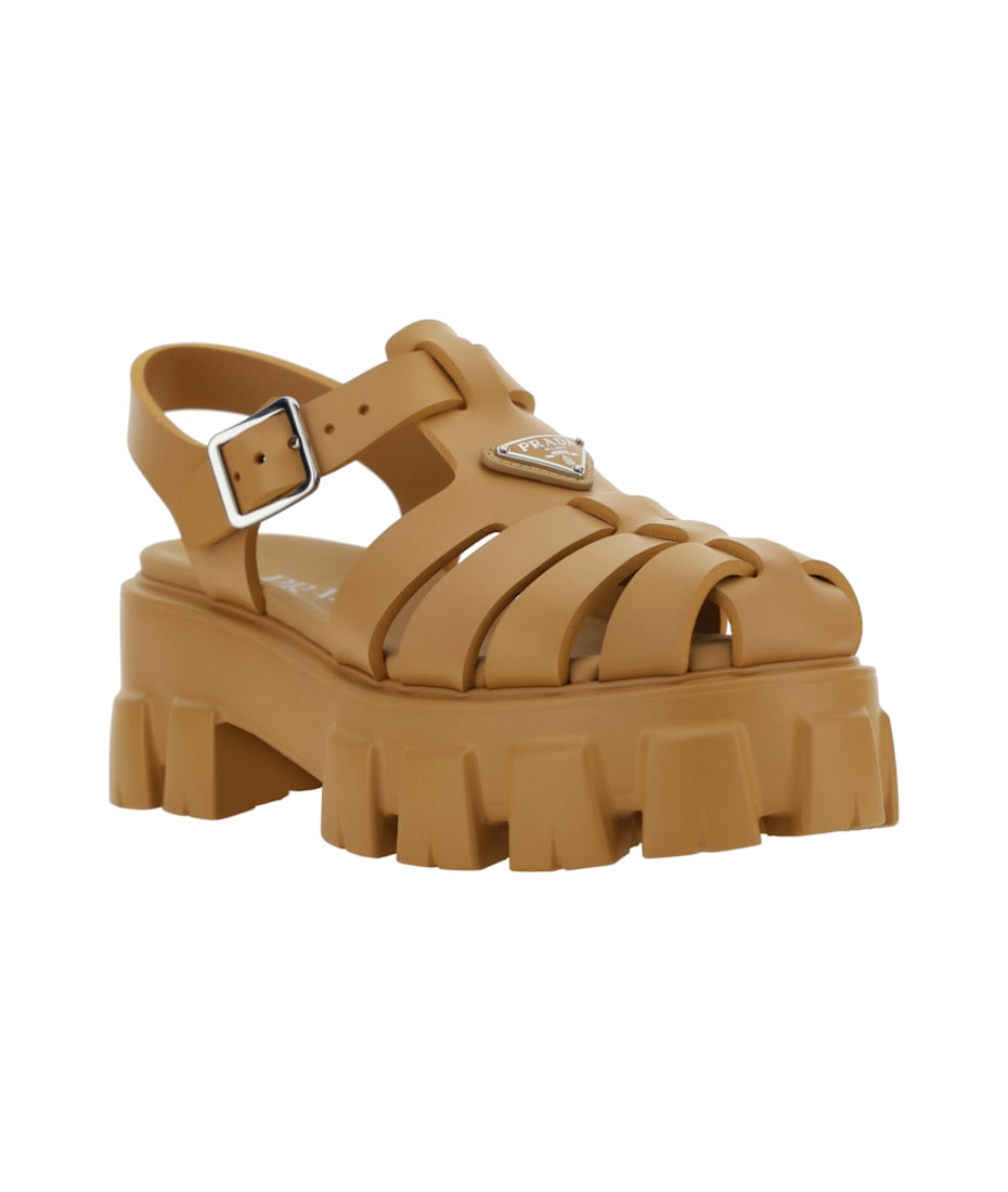 【 PRADA 】トレイルメッシュ生地とスエードのミュール ベージュ スエード フラットフォーム ミュール | PRADA