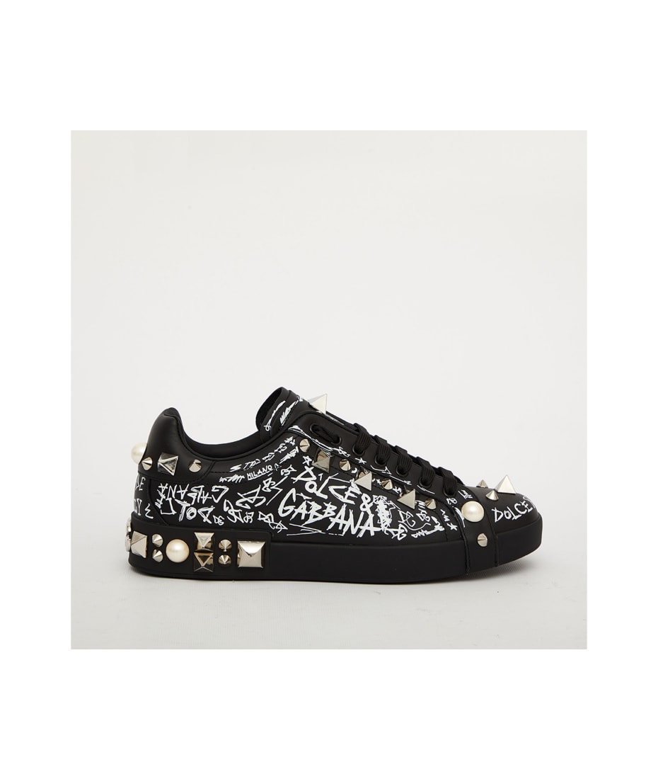 Womens Shoes Trainers Low-top trainers Dolce & Gabbana Leather Printed Calfskin Portofino Sneakers With Studs in Black 