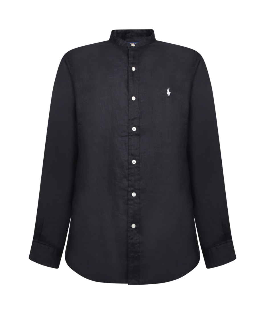 Black Linen Mandarin Collar Shirt Polo Ralph Lauren
