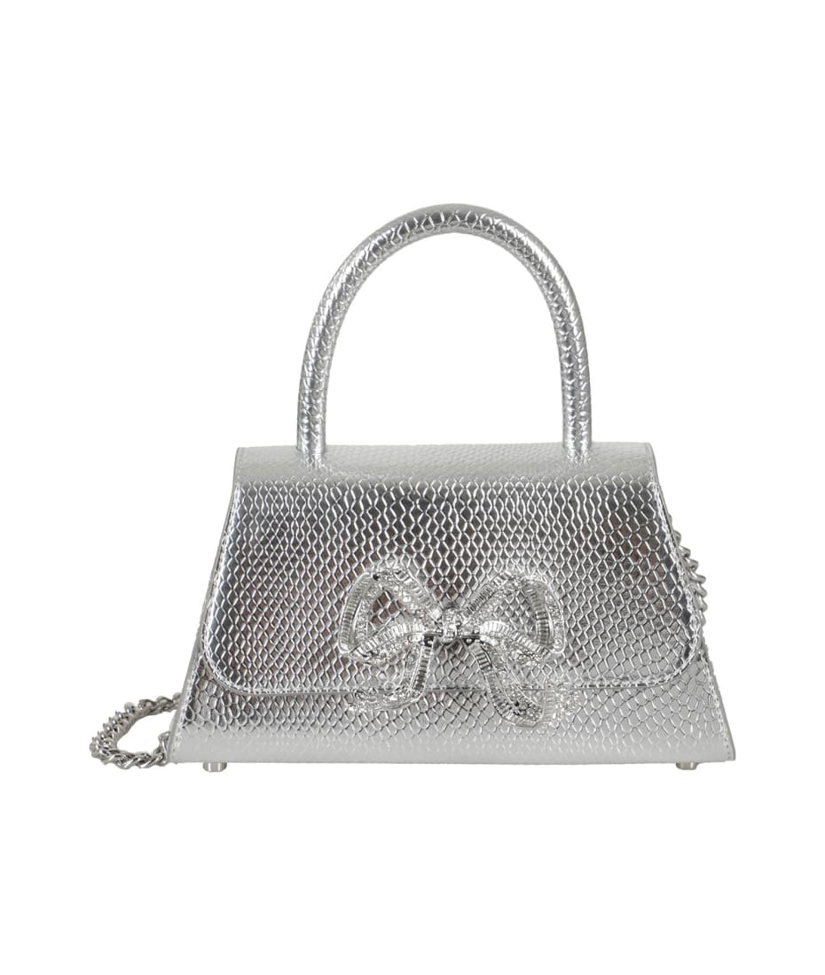 Self-Portrait Bow Mini Python-effect Leather Top Handle Bag in Gray