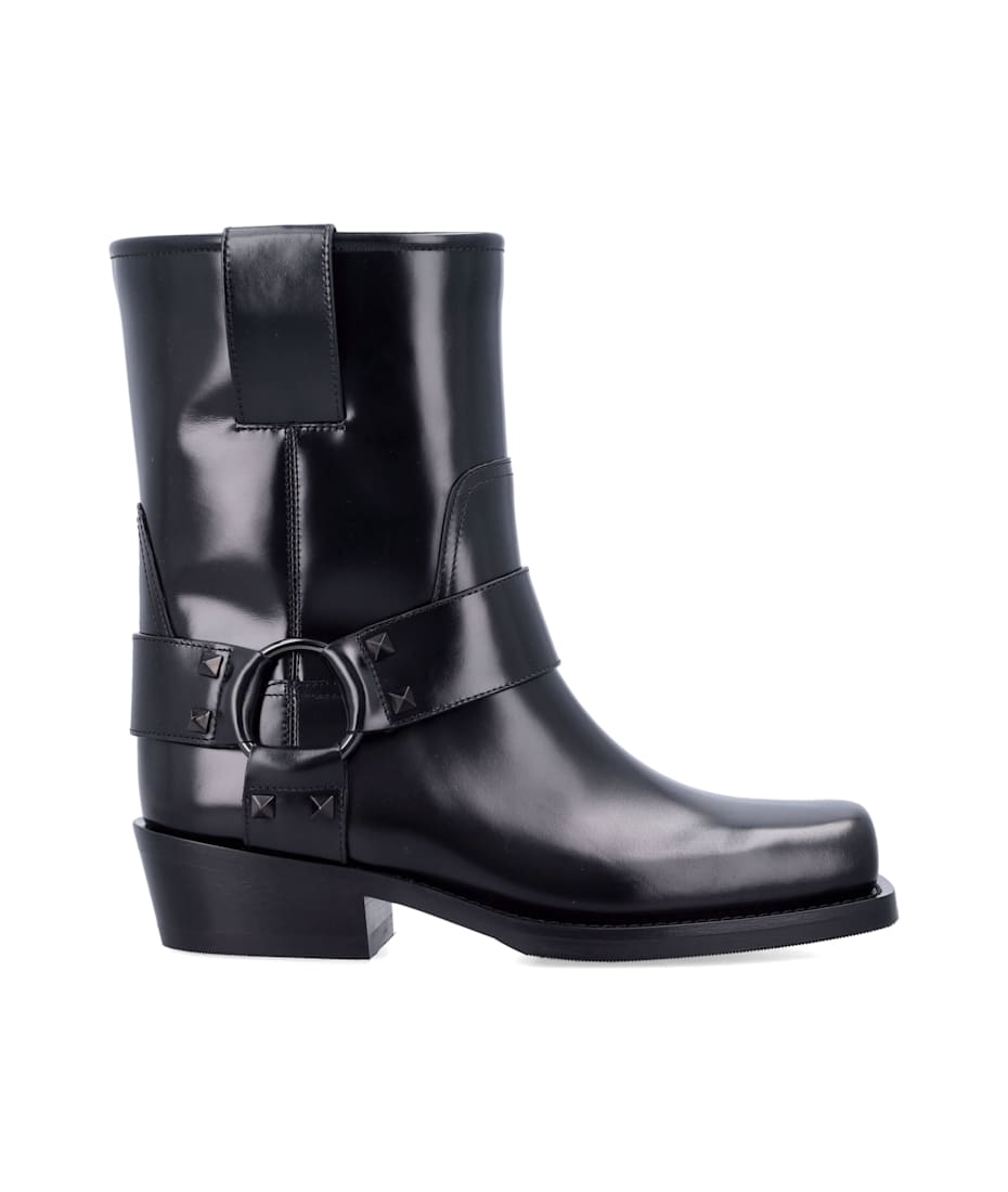 ショートブーツ・ブーティ Valentino Garavani Black Leather Biker Rockstud Ankle Boots Valentino Garavani Black Leather Biker Rockstud Ankle Boots