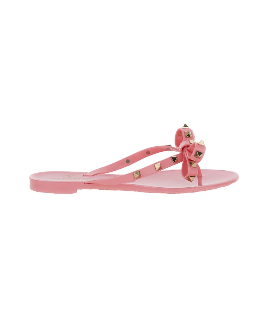 Valentino Garavani Pink Thong Sandals With Bow Detail And Studs In
