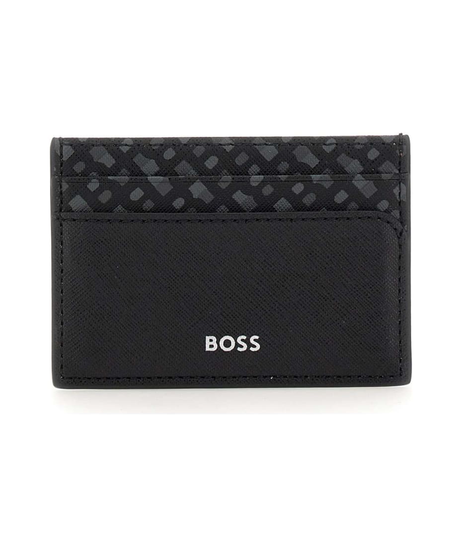 BOSS - Card holder in monogram-printed and embossed Italian leather