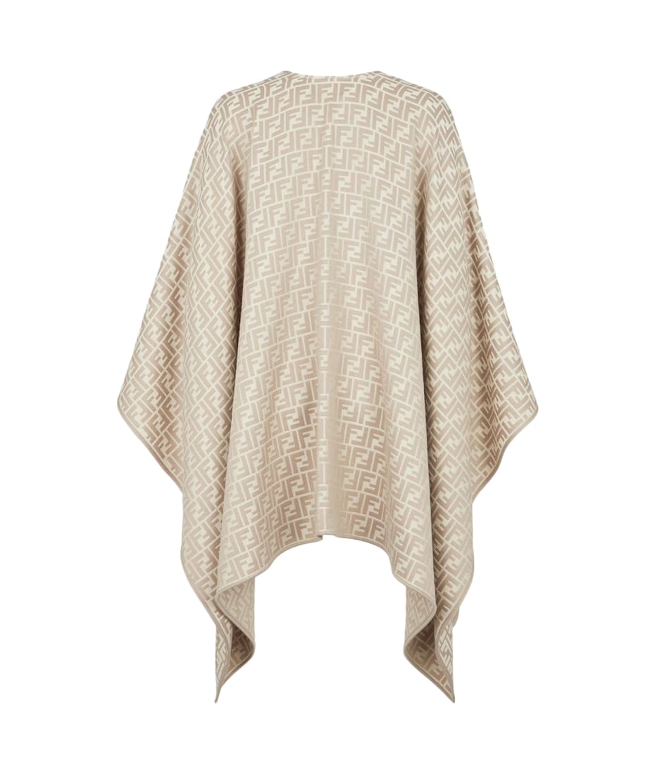 FENDI: poncho in wool and silk blend with FF jacquard pattern - Grey