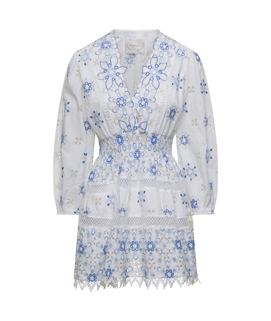 Temptation Positano Mini White Dress With V-neckline And Blue Flower Embroideries In Cotton Lace Woman | italist, ALWAYS LIKE A SALE Temptation Positano Mini White Dress With V-neckline And Blue Flower Embroideries In Cotton Lace Woman | italist, ALWAYS LIKE A SALE