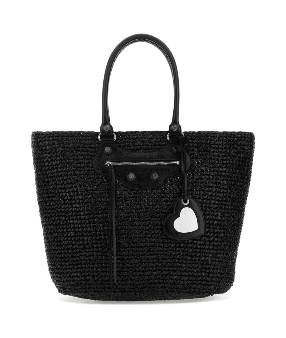 トートバッグ BALENCIAGA BLACK RAFFIA LARGE LE CAGOLE PANIER SHOPPING BAG Balenciaga Black Raffia Large Le Cagole Panier Shopping Bag