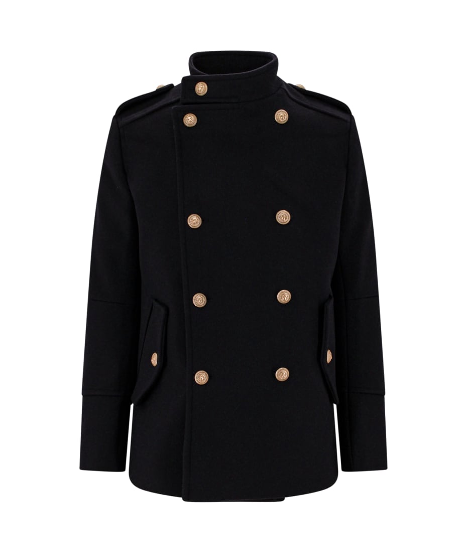 Balmain Double-Breasted Monogram Wool Coat